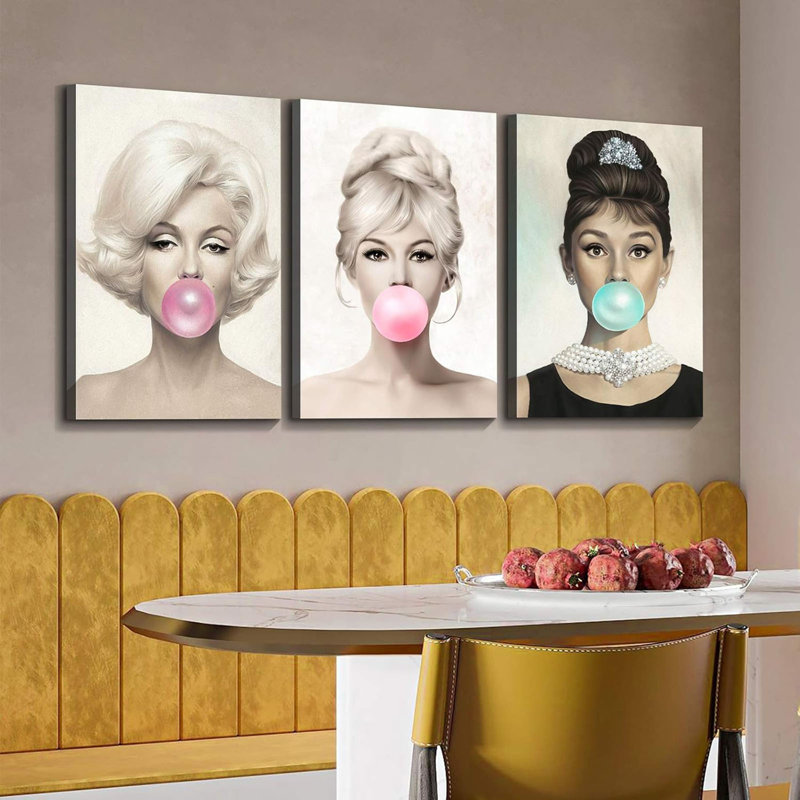 3 panneaux d'art mural sur toile, Marilyn Monroe, Audrey Hepburn et Brigitte Bardot