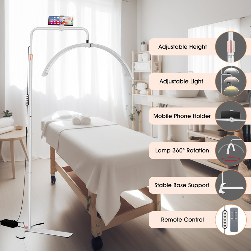  Adjustable Brightness And Height Floor Lamp For Eyelash Extension, Beauty Light Half Moon Light With Phone Holder, White
