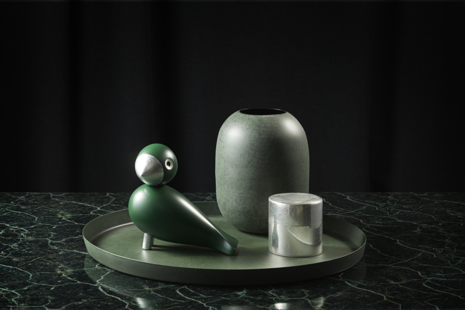 Songbird Sculpture, 6.1" H x 6.3" W x 3.1" D, Green/Silver, 1