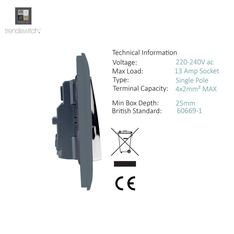 Trendi Switch 2 Gang Long Switched Plug Socket, Warm Grey