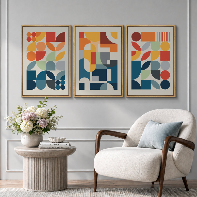 Abstrait, couleurs vives et abstraites «Œuvre abstraite et audacieuse bleu orange contemporain, images bohème de style Mid-Century moderne, impression numérique sur toile 3 pièces  