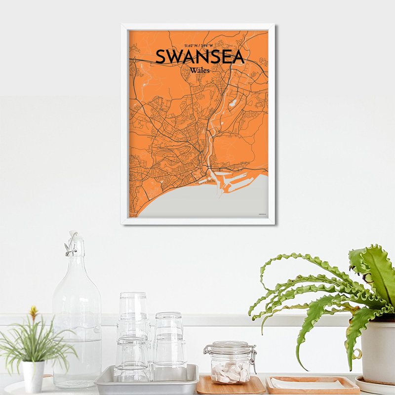 Swansea City Map, impression, H 24 po x l 18 po, Orange et gris