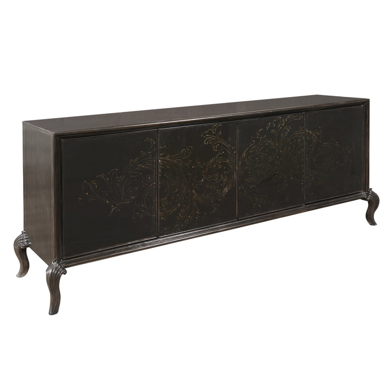 High Sheen Black 4-Door Media Credenza with Maple Legs