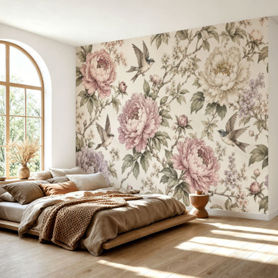 Wall Mural Peel and Stick Wallpaper Sketch birds flowers Hummingbirds flowers retro style antique Self-Adhesive Removable Contact Paper Wall Decor for Living Room Bedroom 69"H x 96"W