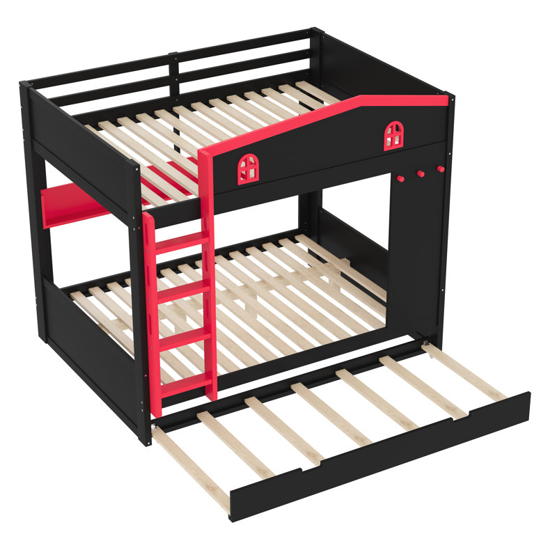 Lit superposé grand sur grand avec lit gigogne et tablettes de rangement, lits superposés en bois massif avec crochets, aucun sommier nécessaire, noir et rouge