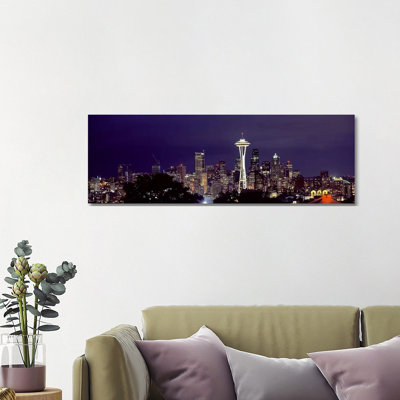 Skyscrapers In A City Lit Up At Night, Space Needle, Seattle, King County, Washington State, USA 2010 - Wrapped Canvas Panoramic Print