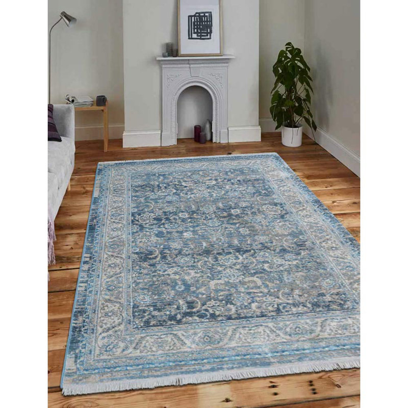 Tapis rectangulaires en polyester Beier Machine Made | Gris bleu | Conception orientale, tapis à faible épaisseur faits à la machine pour le salon, la chambre à coucher