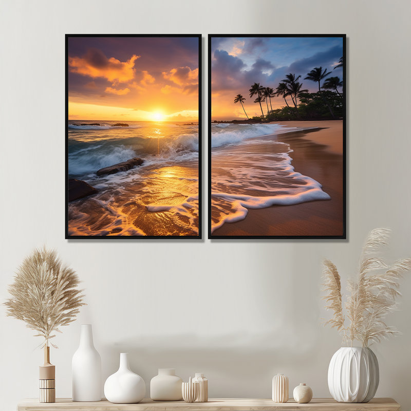 Plage, coucher de soleil, sérénade, art mural jaune, Black, 36" H x 48" W, Impression encadrée flottante