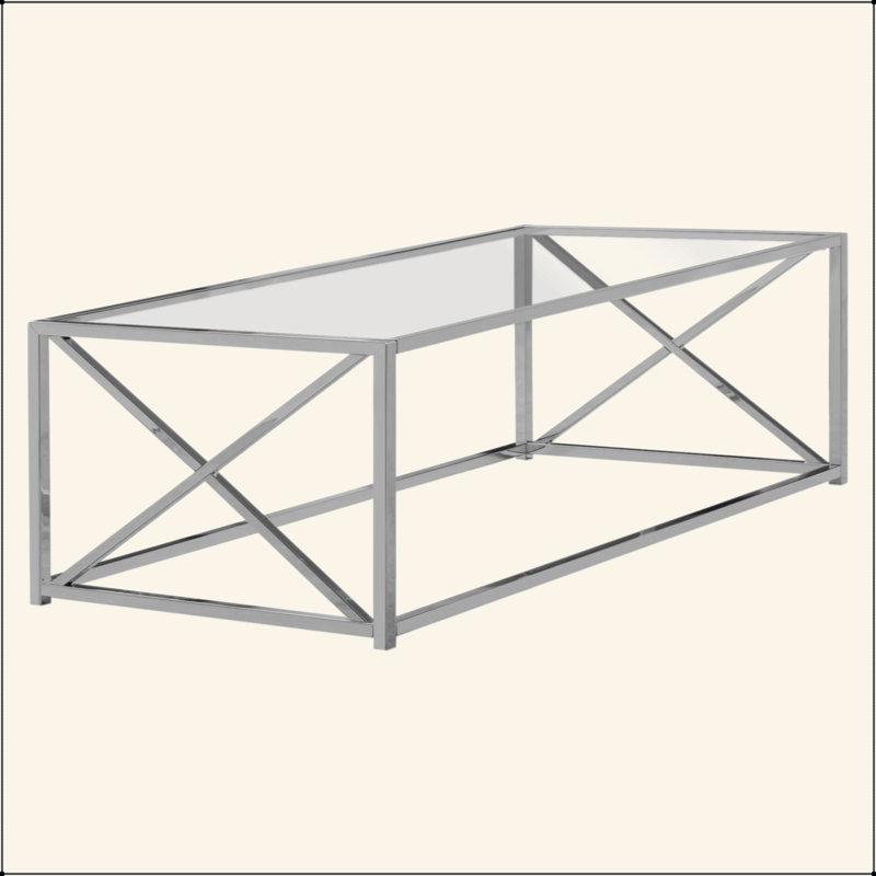 Table basse, accent, cocktail, rectangulaire, salon, L 44 po, verre trempé transparent, métal chromé, contemporain, moderne