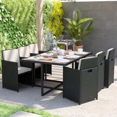 7 Piece Outdoor Patio Dining Set with Acacia Table & 6 Wicker Chairs by Latitude Run