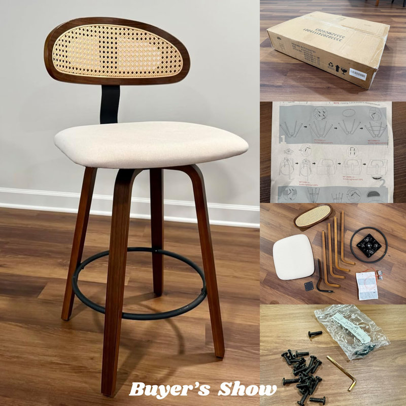 Modern Counter Stools, Swivel Counter Height Bar Stools with Rattan Backrest, 26" Seat Height Linen, For Home or Bar, Brown