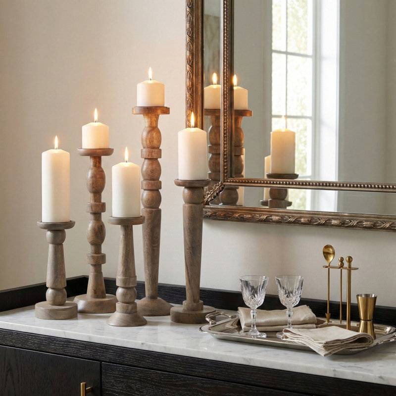 Decorative Mango Wood Candle Sticks Holders - Modern Tabletop And Floor Candle Holder For Home Accents, And Centerpiece Display - Set Of 5, 22"