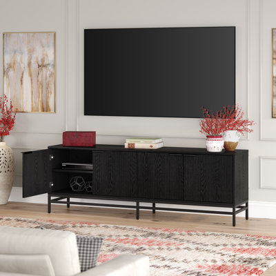 70" TV Stand for TVs up to 78" with Fluted Doors & Cable Management — Black Grain Transitional Media Console for Living Room | Montello