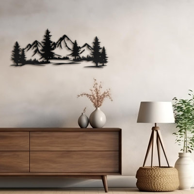 Mountain Pine Tree Silhouette Landscape Modern Abstract Wall Accent Sculpture Hanging Decoration Metal Wall Decor