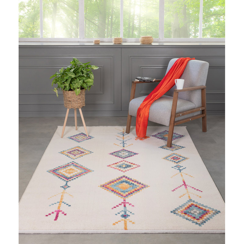 Tapis géométrique rectangulaire tissé à la machine en polypropylène crème / bleu / orange, Rectangle 3 pi 11 po x 5 pi 11 po
