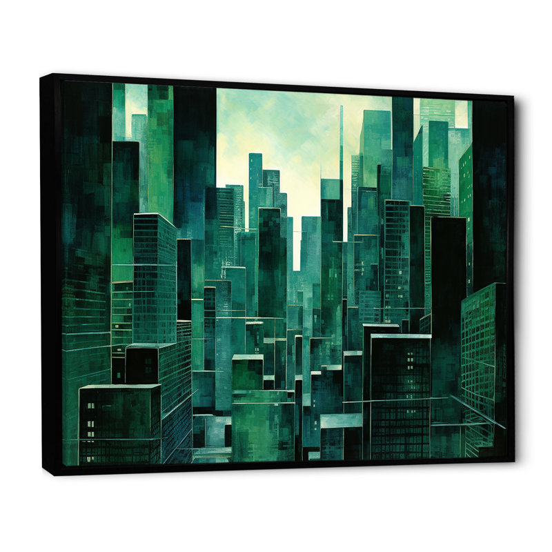 «Jade Juxtaposition Green Skyscraper Cityscape», impression sur toile, Cadre flottant noir, H 24 po x l 32 po x P 1 po