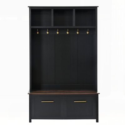 Versatile 4-In-1 Hall Tree With 6 Golden Hooks,Wood Grain Bench With Multiple Storage Space,Entryway Coat Rack With 2 Drawers For Living Room,Hallway