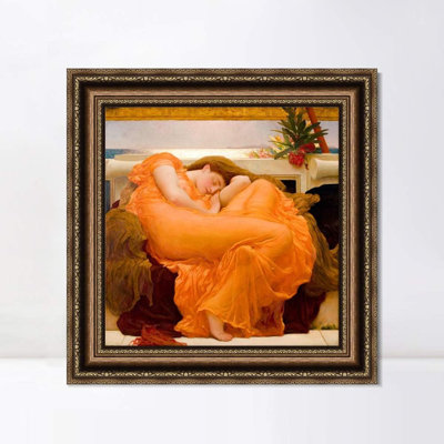 Framed Canvas Art Giclee Print Flaming June by Frederick Leighton Wall Art Living Room Home Office Decorations(Vintage Embossed Gold frame,28"x28")