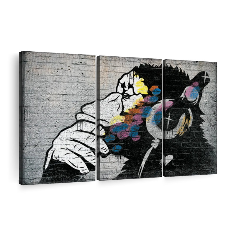 Singe portant des écouteurs sur toile, ensemble de 2 pièces, H 36 po x l 57 po x P 1,25 po