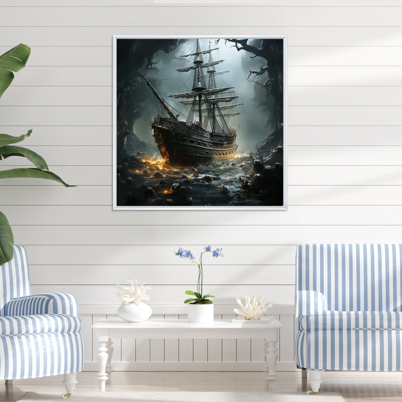 Naufrage pirate 2 - art mural pirate, H 30 po x l 30 po x P 1,5 po, Cadre flottant blanc