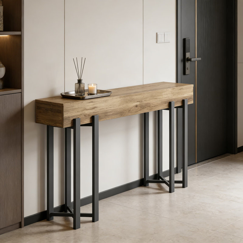 Console industrielle pour hall d'entrée et salon, canapé de 63 pouces en bois rustique avec structure en métal noir, couloir minimaliste et table de vestibule