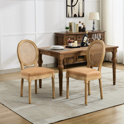 French Design Tan Dining Chairs In A Of 2, Solid Wood Frame With Antique Painted Look, Linen Upholstery And Back, Soft Foam Steel Spring For Cushion, 38.37 High, 23.66 Deep, 19.5 Wide 2 - Inspired