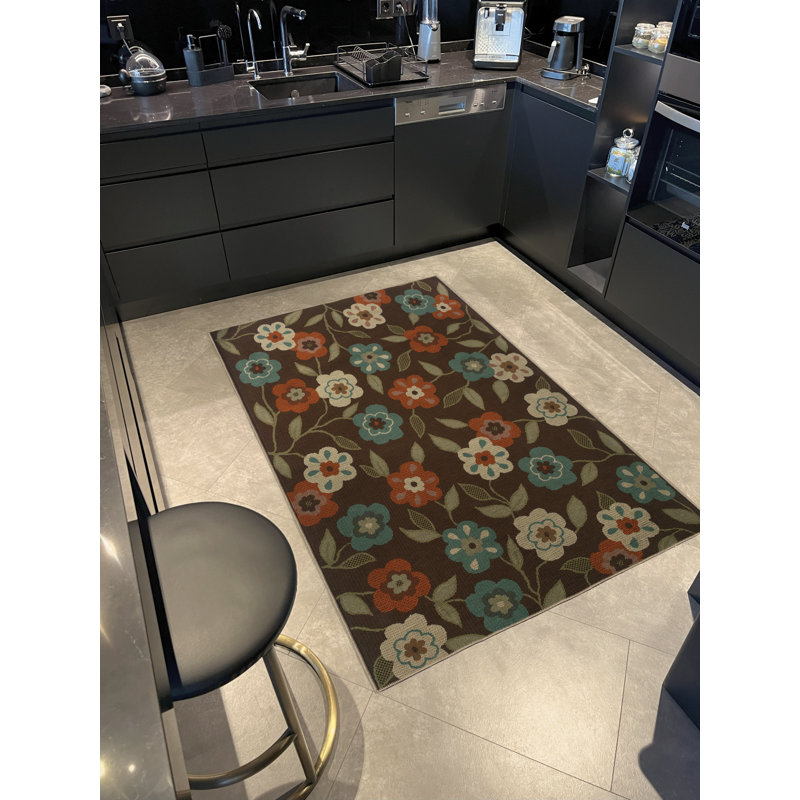 Tapis décoratif moderne à motif floral multicolore brun, Rectangle 3 pi 9,81 po x 4 pi 11,06 po