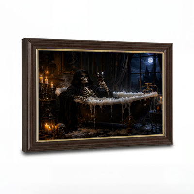 Gothic Skeleton in Bathtub with Wine Glass and Halloween Canvas Wall Art