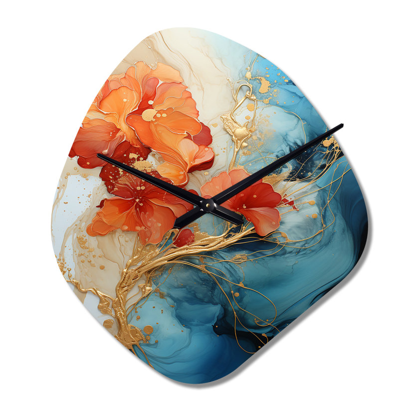 Horloge murale orange, sarcelle abstraite, fractale de forme unique, horloge murale en métal, Petit