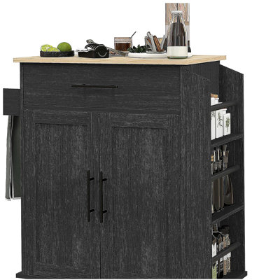 Îlot de cuisine avec espace de rangement, chariot de cuisine à roulettes avec prises de courant et ports de charge USB, support à micro-ondes et serviette, étagères à épices, noir