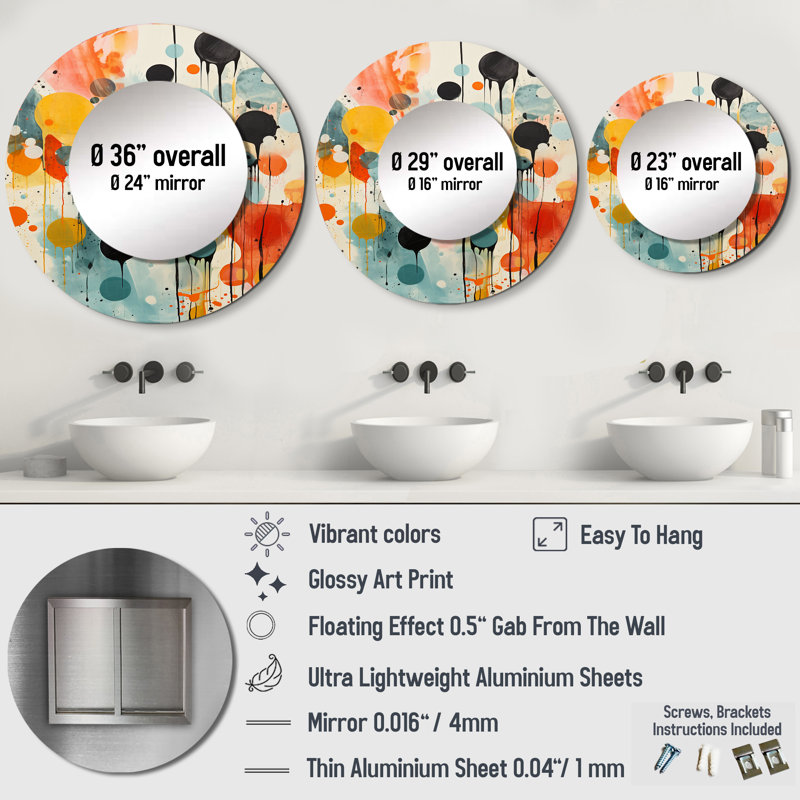 Coloré Mid Century Atomic Abstraction I - grand miroir mural moderne Mid-Century, miroir décoratif rond de style Mid-Century, impression sur métal