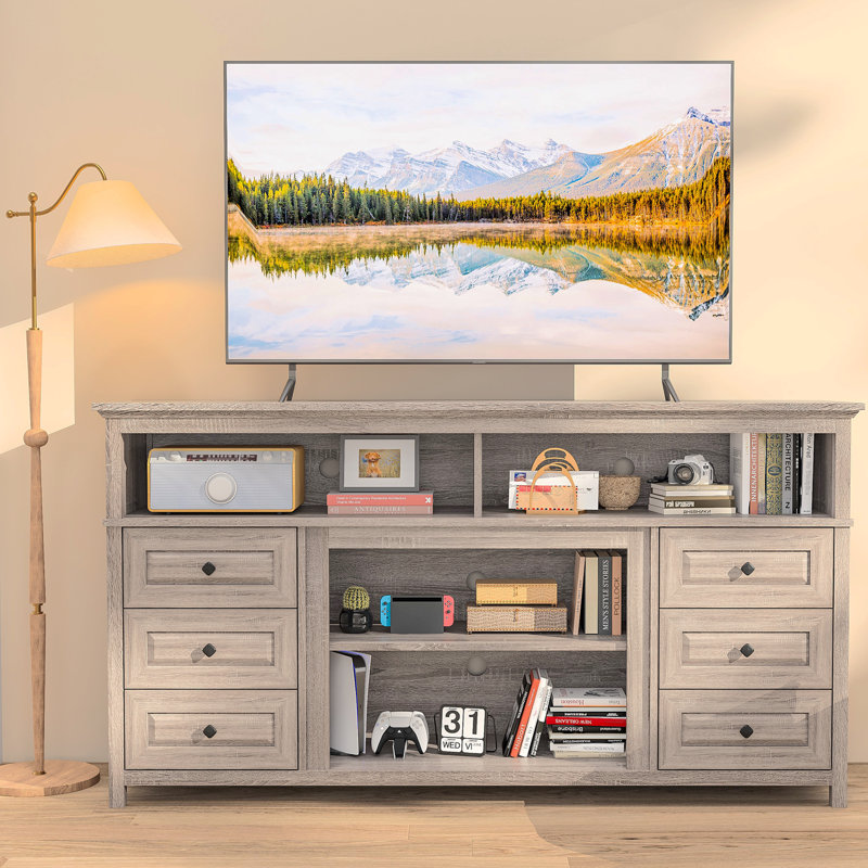 Farmhouse Fireplace TV Stand For Tvs Up To 65 Inch, LED Light Entertainment Center With Multifunctional Electric Fireplace, TV Console Cabinet With 3 Flame Effect & 6 Drawers For Living Room