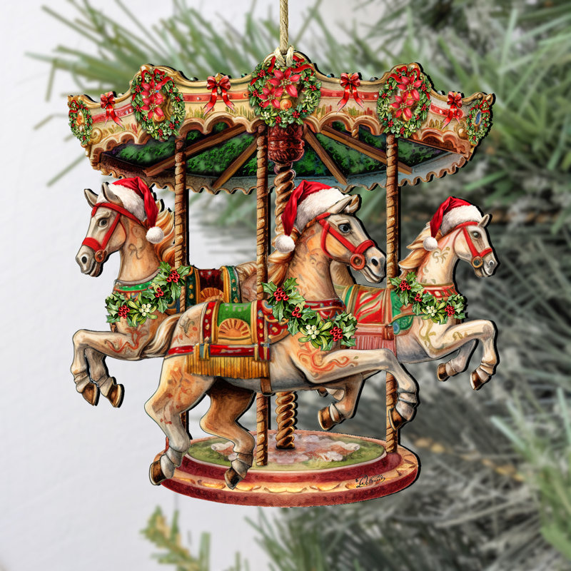 Handcrafted Wooden Christmas Carousel Ornament with Santa Hats