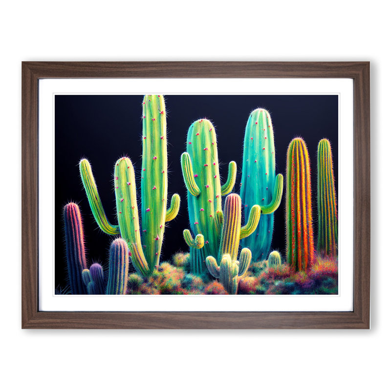 Colourful Cactus - Single Picture Frame Print, 46cm H x 64cm W x 2cm D, Walnut