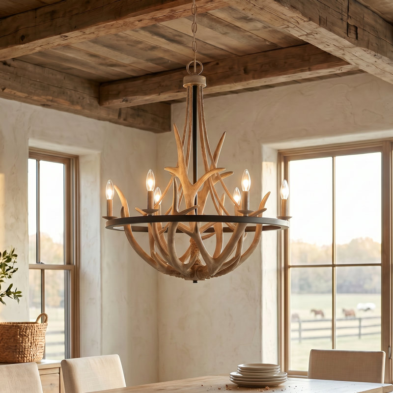 Atria 6 - Lustre Empire style bougie avec accents en bois de cerf
