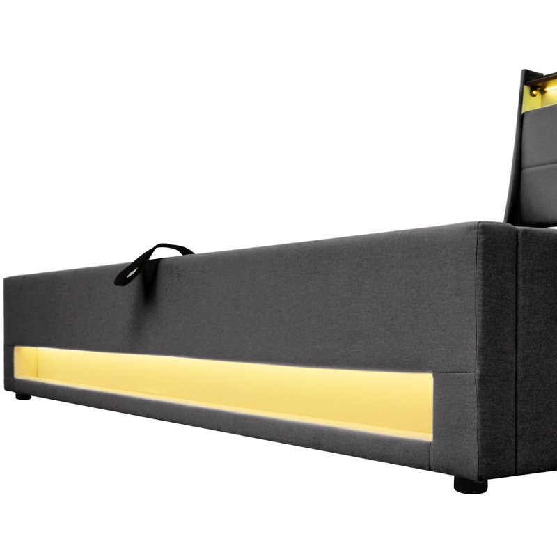 Lit de rangement hydraulique gris avec lumières DEL, atmosphère de chambre à coucher portative et relaxante, rangement moderne