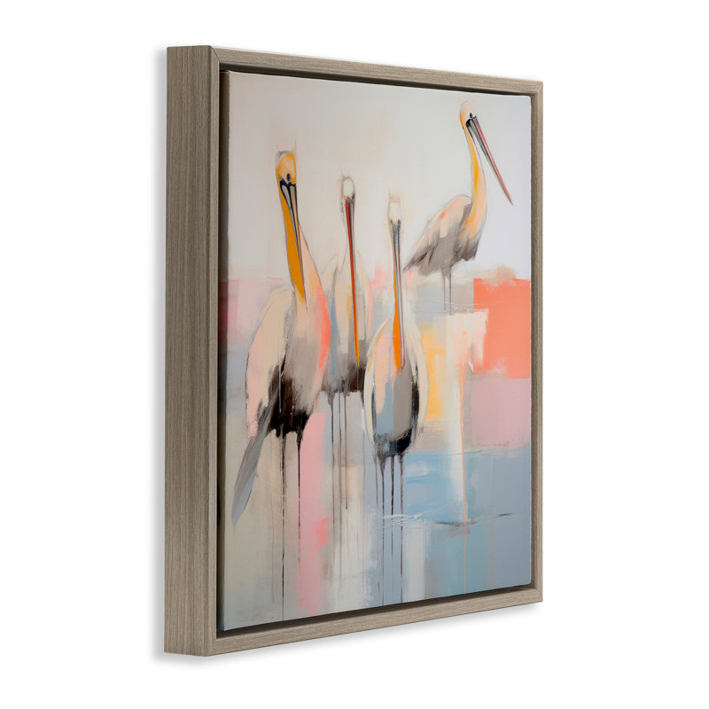 Abstrait, "Pelicans", toile grise encadrée par Irena Orlov, Cadre flottant orme Montalcino, H 18 po x l 18 po