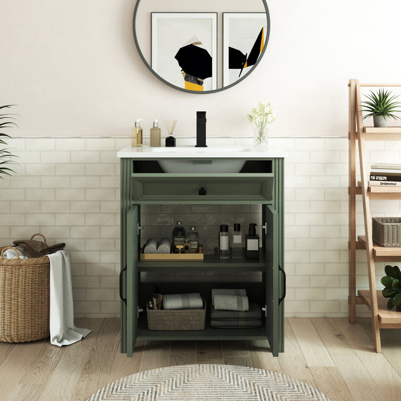 Meuble-lavabo autoportant de style milieu du siècle de 71 cm (28 po) avec lavabo en céramique et rangement, Vert