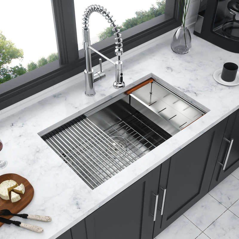 304 Stainless Steel Kitchen Sink 32"X19"X10" - Workstation Design, Sound Proof, With Included Colander And Installation Clips Grade, Easy To Clean, Drain Assembly Template