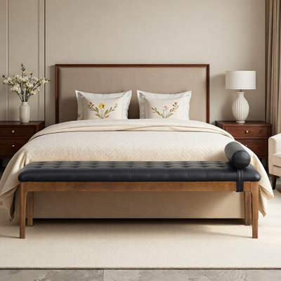 66" Faux Leather Upholstered Button Tufted Bench with a Cylindrical Pillow