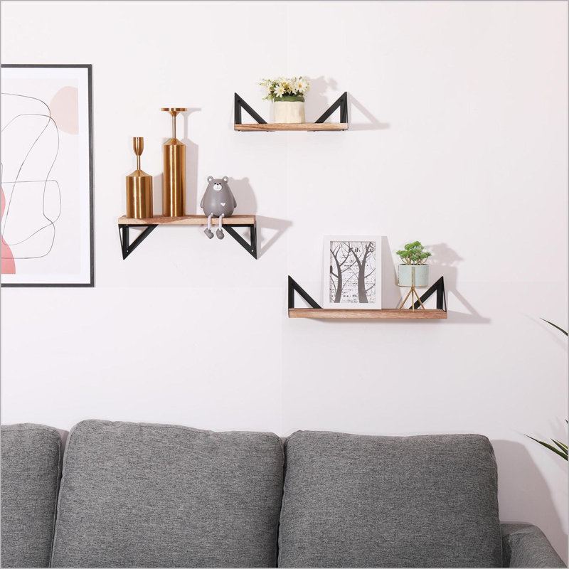 Ensemble de 3 tablettes flottantes murales l 11,9 à 16,6 po x P 5,1 po | Bois naturel | Métal Bois