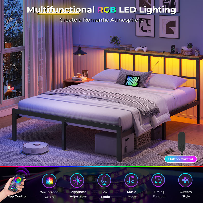 Bed Frame with Power Strip & LED Lights, Metal Platform Beds with Headboard, Stable and Sturdy, No Box Spring Needed