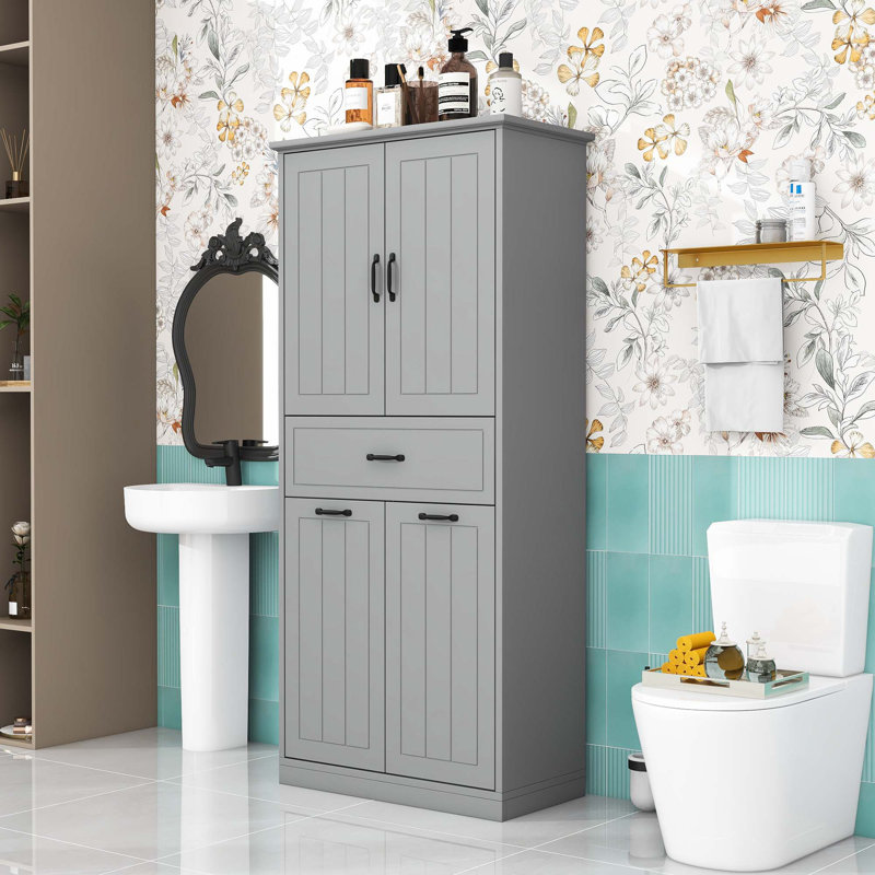 Armoire de rangement minimaliste pour salle de bain avec tablette réglable, paniers à linge et dispositif anti-basculement