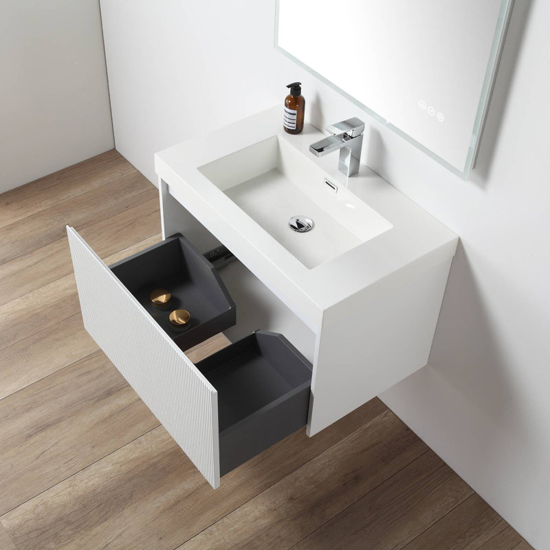 Ledell 30'' Wall-Mounted Bathroom Vanity with Acrylic Sink and Side Cabinet – Fluted Front, Soft-Close Drawers, Matte White
