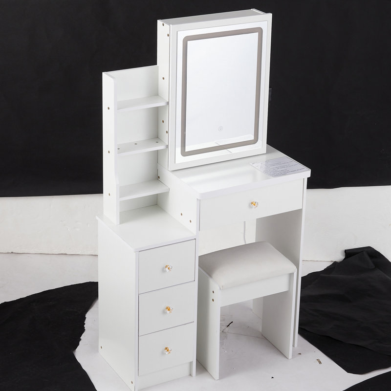 Small Size Left Bedside Cabinet Vanity Table + Cushioned Stool, Large Sliding, Touch Control, Tri-Color Switching, Brightness Adjust LED Mirror, High Capacity Storage