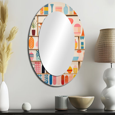 Pink Mid Century Playful Patterns IV - Abstract Oval Decorative Mirror On Metal