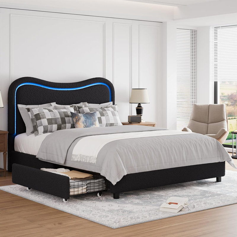 LED Full Bed Frame with 2 Drawers – RGB Smart Headboard & Sturdy Platform for Kids – Black Storage Bed with Wooden Slats, Noise-Free Design for Boys & Girls – No Box Spring Needed