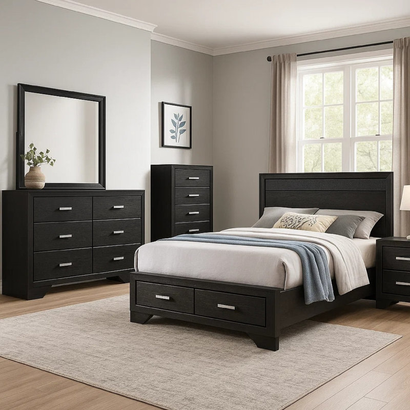 Ensemble de lit double 5 pièces avec rangement, commodes et paillettes Vino Black, Noir, Double