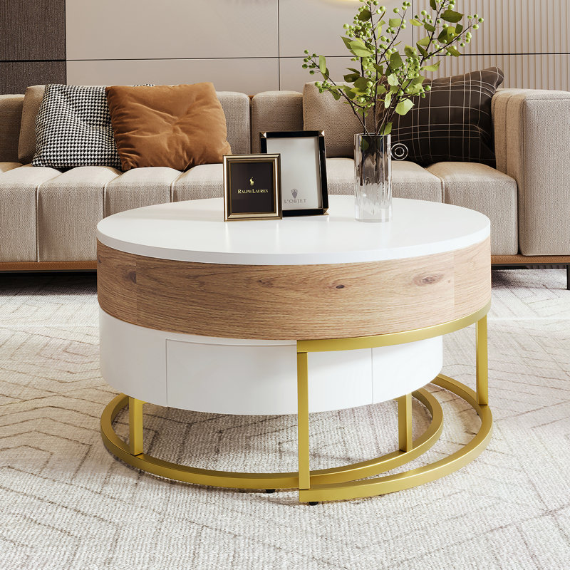 Tables basses gigognes modernes à plateau relevable avec 2 tiroirs blanc et naturel, Bois de chêne naturel / blanc antique