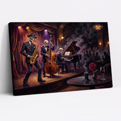 «Skeleton Jazz Trio Performing On Wood Stage» avec art mural d'Halloween sur toile